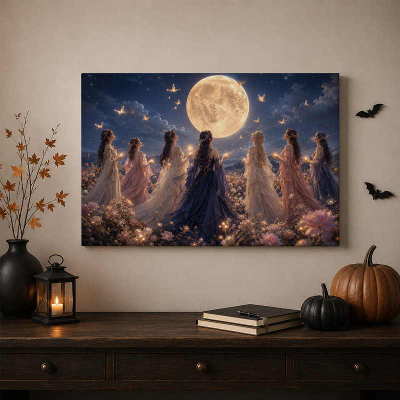 Sept femmes en robes fluides sous la pleine lune - Tableau sur toile pour l'Halloween, H 16 po x l 24 po