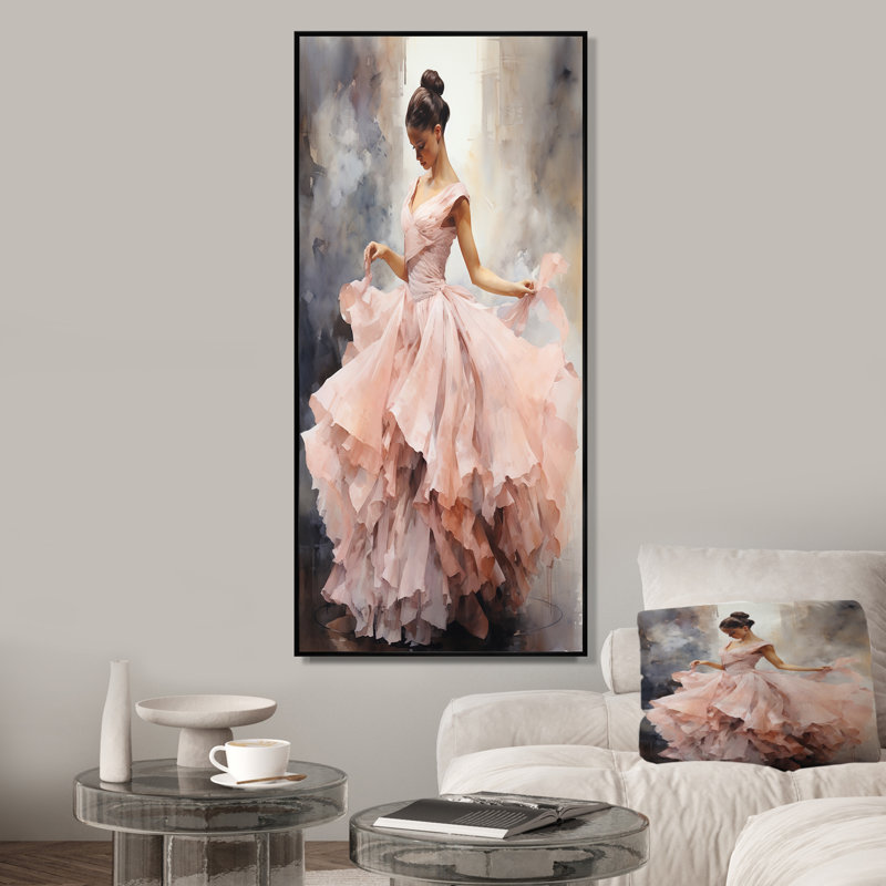 «Rose and White Woman Ballet Solitude III - Abstract Spirals», art mural, Cadre flottant noir, H 32 po x l 24 po