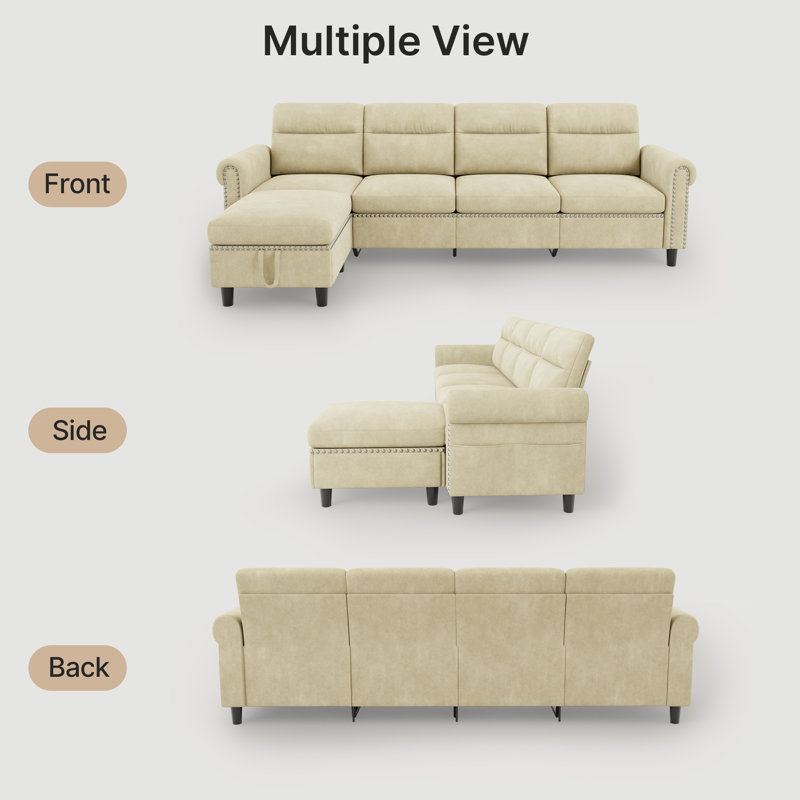 92.9”Suede U/L-Shaped Sectional Sofa With Storage Ottoman & Side Pocket – Large Living Room Couch, Beige Suede