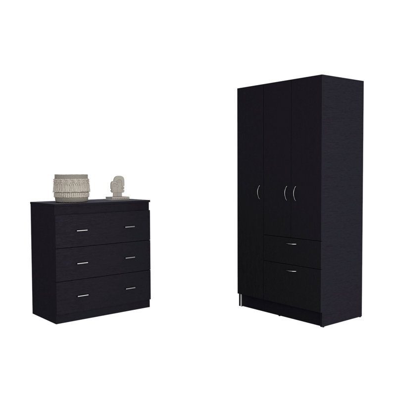 Ensemble de chambre à coucher 2 pièces, armoire + commode 3 tiroirs, noir