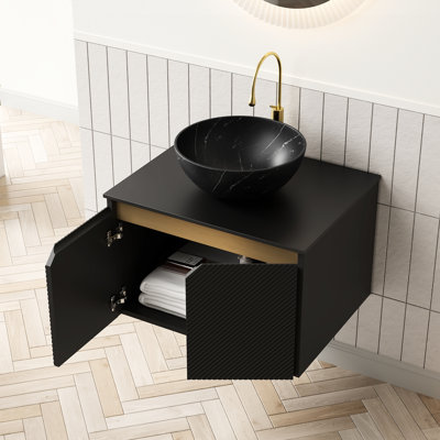 Meuble-lavabo de 24 po avec lavabo, lavabo bol en céramique noir avec motif en pierre, plateau fritté, armoire de rangement flottante, portes doubles en sergé, mécanisme de fermeture en douceur, céramique dureté, excellente eau et teinture