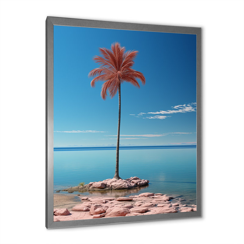 Sea Breeze Blue and Pink Plam Tree III sur toile, H 44 po x l 34 po x P 1,5 po, Cadre photo argenté