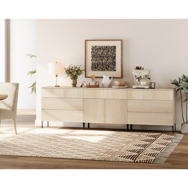 94.5" Modern Reeded Minimalist Sideboard With Drawers And Doors, 3-In-1 Wooden Credenza Storage Cabinet For Kitchen, Dining Room