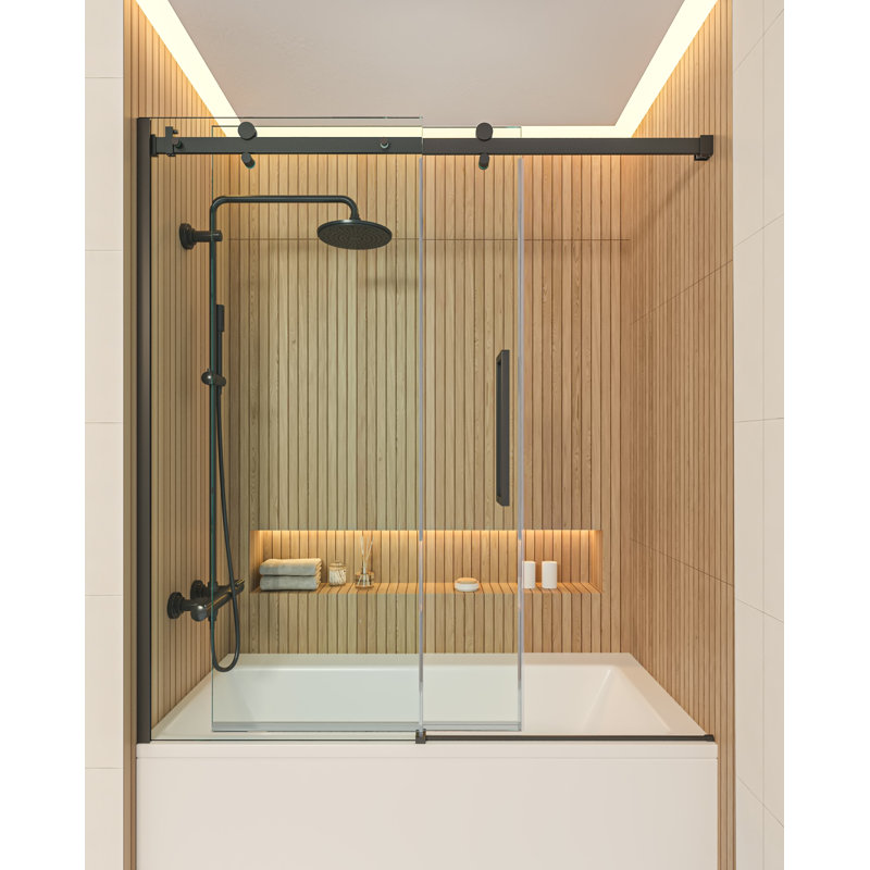 56” - 60" W x 75” H Frameless Single Sliding Tub Glass Shower Doors | 3/8” Thickened Clear Tempered Glass | Leak-Proof | Durable Stainless-Steel Hardware | Adjustment Uneven Walls