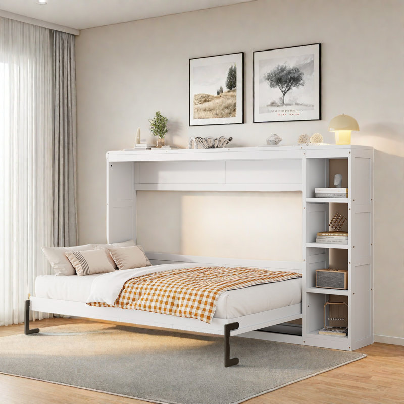 Lit escamotable avec 4 tablettes de rangement et motif à rayures verticales, Double, Blanc / Blanc