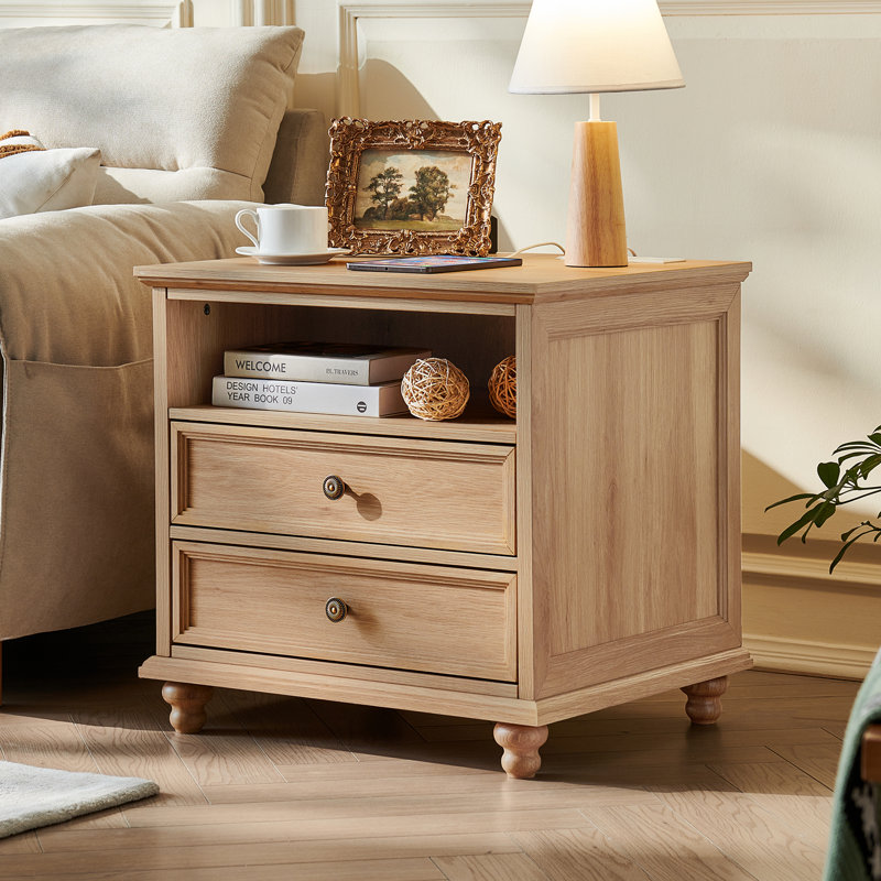 24" Wide Farmhouse Nightstand With Charging Station, End Table With 2 Drawers,Wood Dresser For Bedroom Cabinet, Bed Side Table Chest Of Drawers, Night Stand For Living Room, Closet