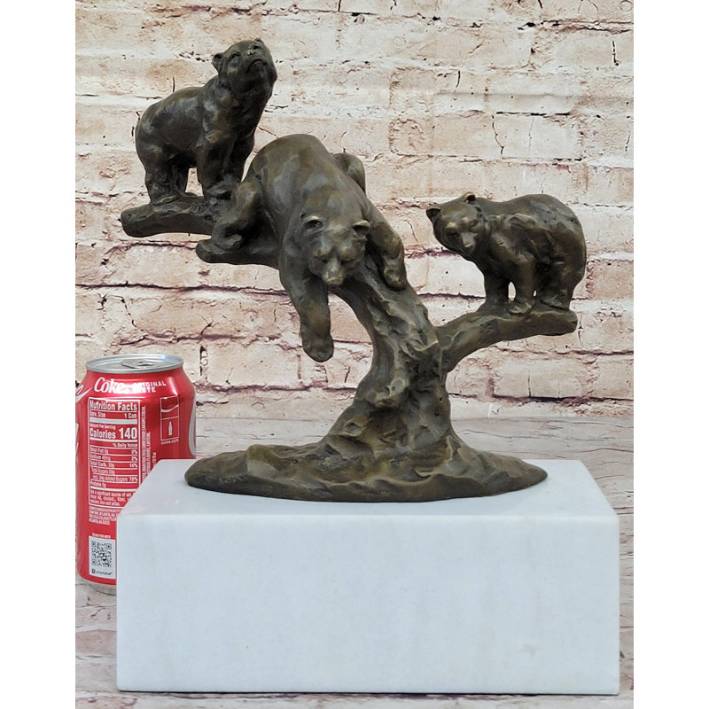 Bronze Bear Family Sculpture on Marble Base