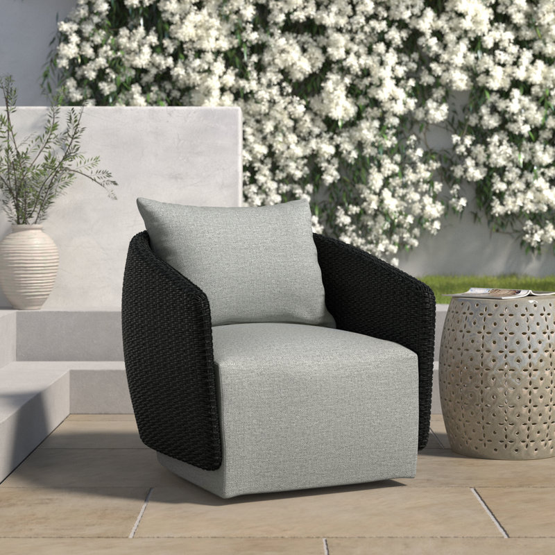 Odyn Swivel Wicker Outdoor Lounge Chair, Stone Gray, Black