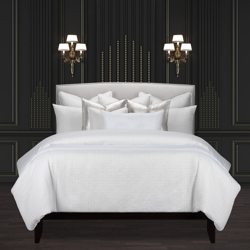 Manuscript Geometric Shimmering Supreme Duvet Cover and Insert Set, White, Cal King Duvet Cover + 5 Shame + 4 Throw Pillow