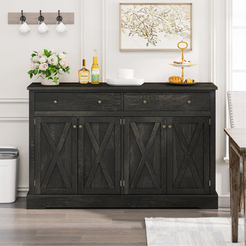 Buffet rétro noir avec deux tiroirs et quatre portes pour le salon, la chambre à coucher et la cuisine, armoire de rangement, brun noir