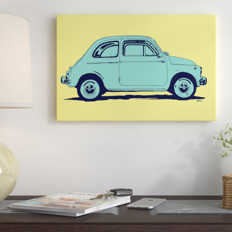 Fiat 500, peinture sur toile tendue, H 18 po x l 26 po x P 1,5 po, Toile avec cadre noir, Pas de tapis
