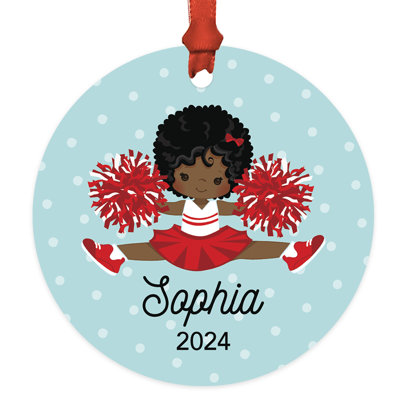 Curly Hair Cheerleader Metal Ornament, Personalized Name, Christmas Tree Decoration