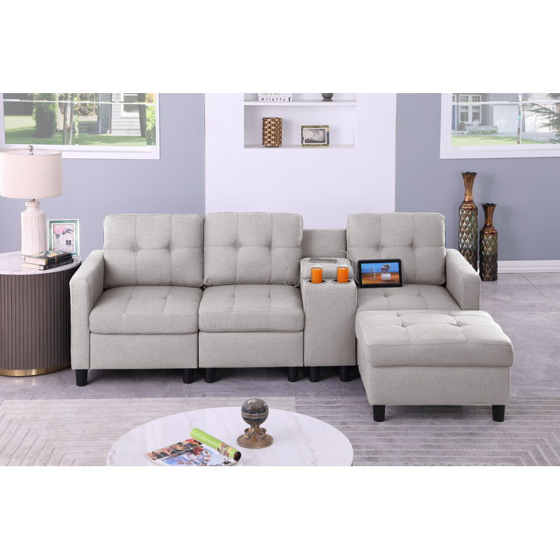 5 Piece Upholstered Sofa With Ottoman And Storage&cup Holder& Usb Ports Stand Console, Light Gray
