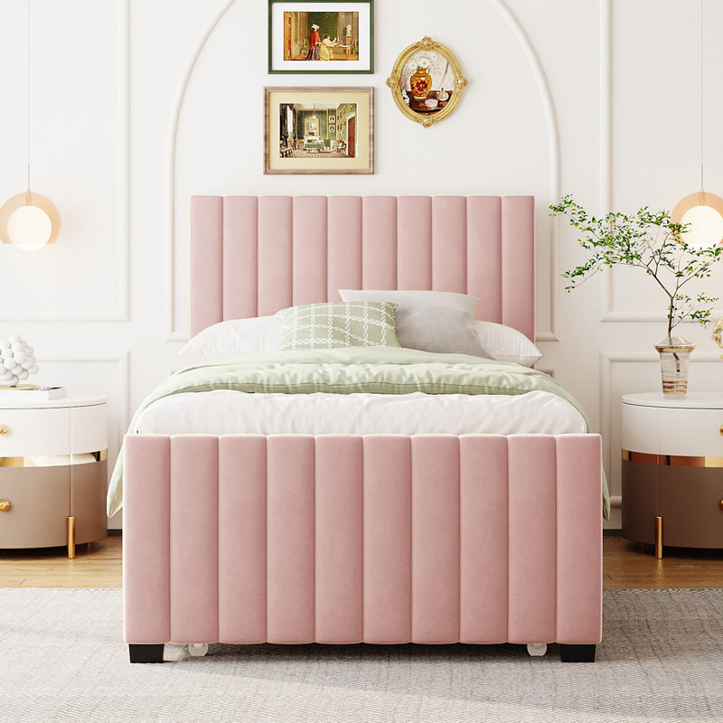 Lit plateforme tapissier en velours avec lit gigogne, Lit simple, Rose