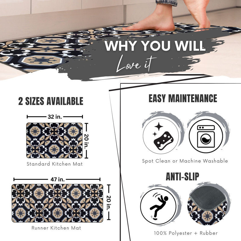 Elegant Carmen Kitchen Mat and Runner Regal Tile Design, Low-Profile, Universal Fit, 32"/47"Lx20"W, Black