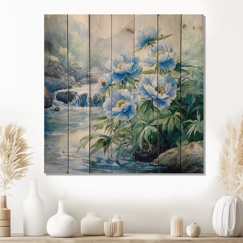 Montagne pivoines au bord de la rivière III - Décoration murale en bois de pivoines - sur bois de pin naturel