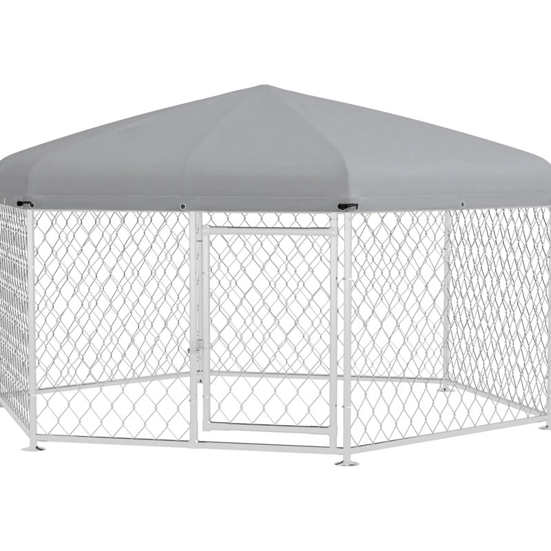 Chenil d'extérieur moyen / grand pour chien - 6,9 pi x 6,1 pi 4,9 pi, imperméable et toit, porte verrouillable, moyen argenté moyen et grand protégé
