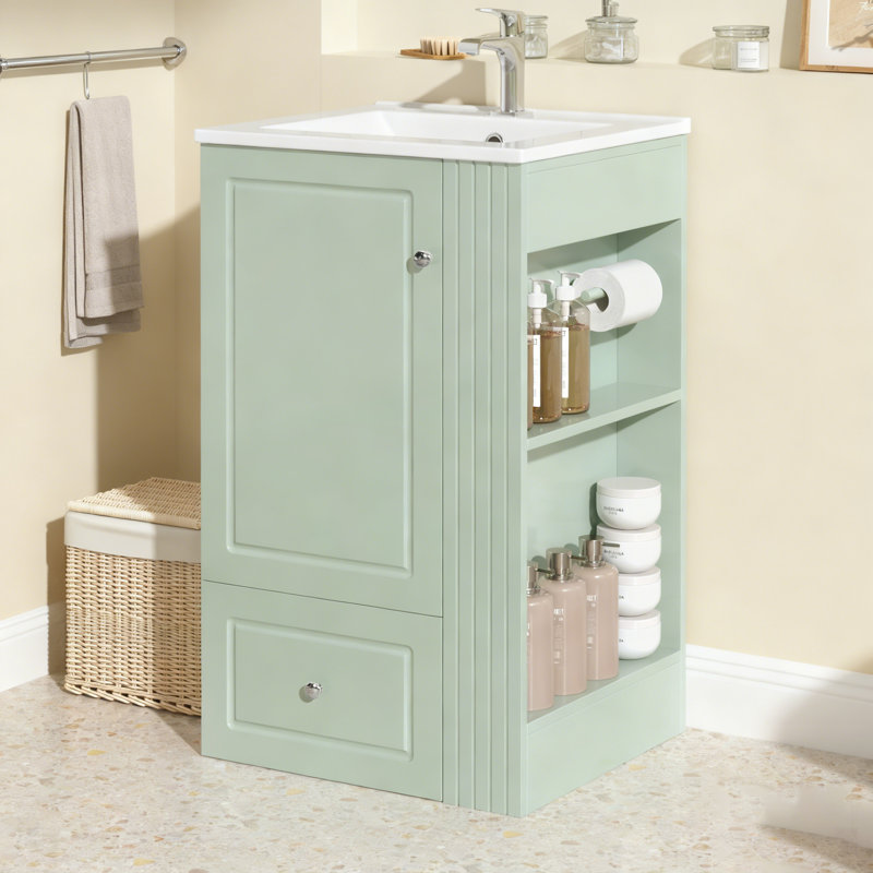 Meuble-lavabo autoportant avec lavabo en céramique, trou de robinet simple, rangement en panneau de fibres à densité moyenne, tiroir à fermeture en douceur, tablettes ouvertes et barre à serviettes en pin pour les espaces compacts