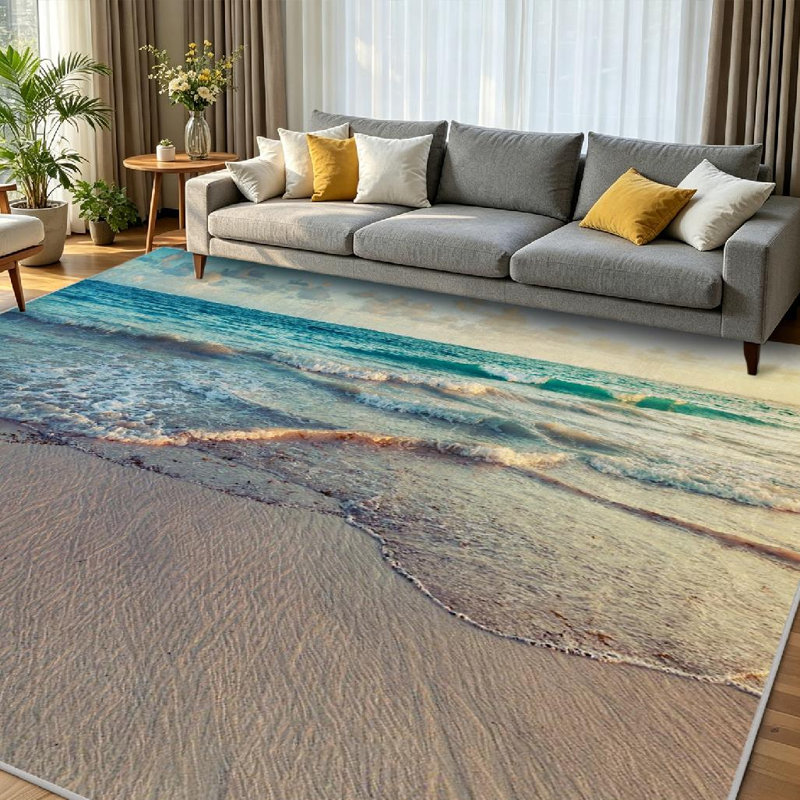 Tapis bleu clair transparent lavable à la machine avec paysage de lever de soleil, Rectangle 79 po x 118 po