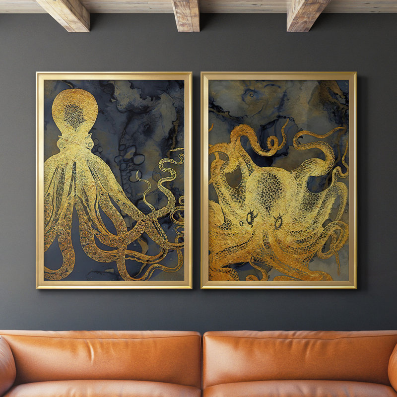Octopus Ink Gold & Blue I - ensemble de 2 reproductions d'art sur toile encadrées, Or, H 24,5 po x l 37 po x P 1,25 po