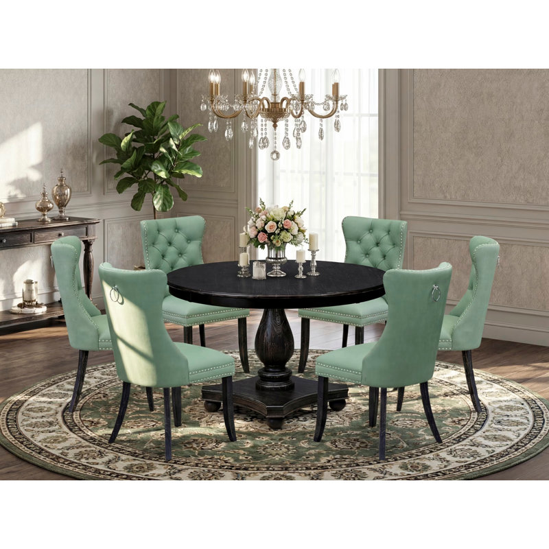 7 Piece Dinette Set Consists of a 48" Round Table with Pedestal and 6 Willow Green Polyester Fabric Dining Chairs, Sand Blasted Black