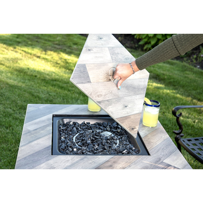 Black and Gray Steel Gas Fire Pit Table with Faux Wood Mantel