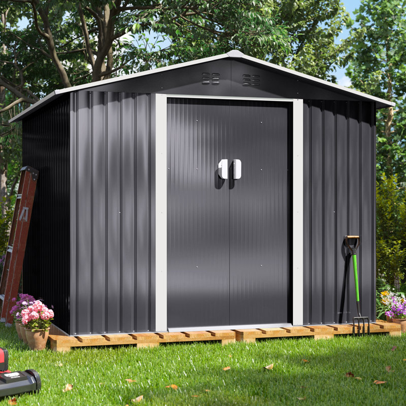 Dark Gray 8'x8' Metal Outdoor Storage Shed with Sliding Doors