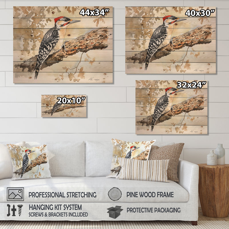 Pic sur arbre III - Art mural en bois sur bois de pin naturel, H 30 po x l 40 po