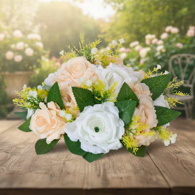 9.5-Inch Champagne White Rose Artificial Flower Ball, Perfect For Weddings, Dining Tables, And Home Décor.