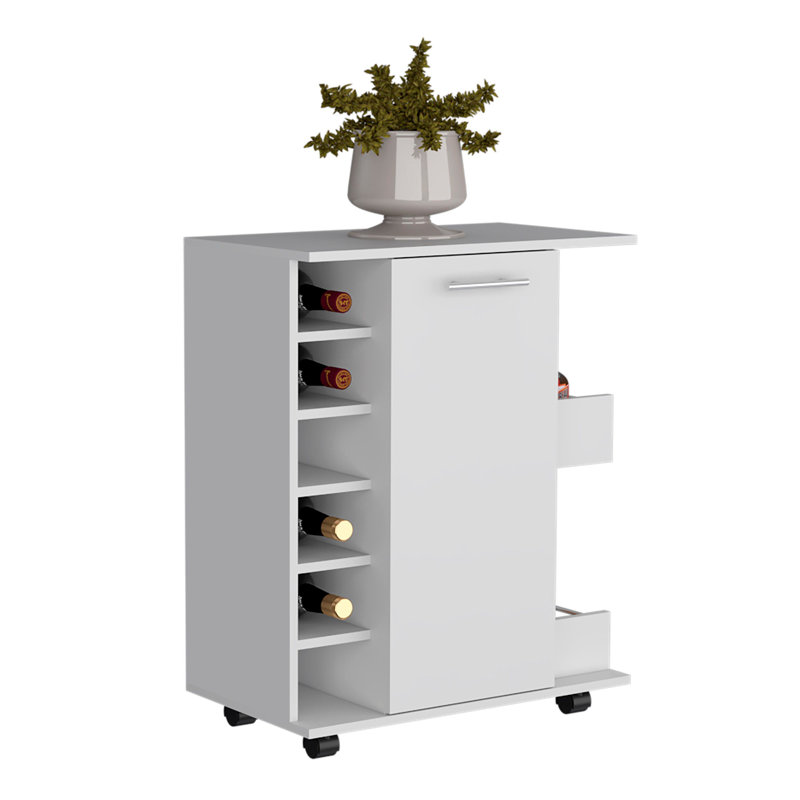 Selden Bar Cart with Casters, 6 Built-in Wine Racks, 2-side Open Shelves and Single-Door Cabinet, White