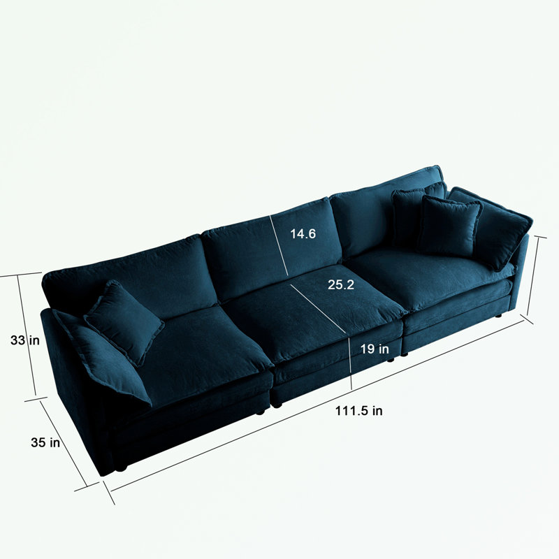 Modular 4-Seater Sofa with Chenille Fabric Upholstery with a Fixed Arm and Solid Wood Frame, Blue, 33" H x 111.5" W x 35" D