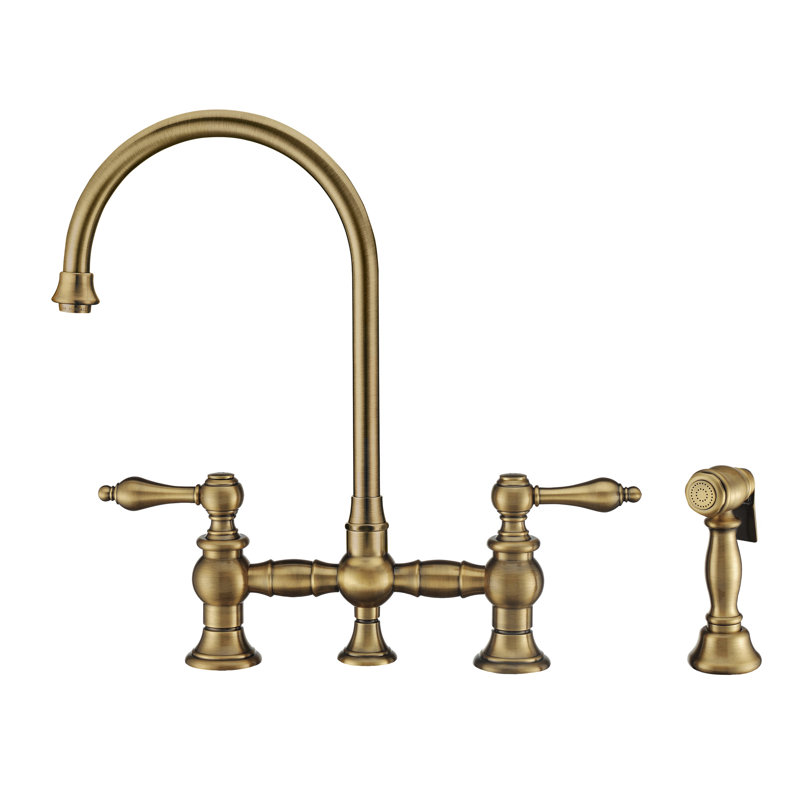 Whitehaus Collection Bridge Faucet with Long Gooseneck Swivel Spout, Lever Handles and Solid Brass Side Spray, Antique Brass