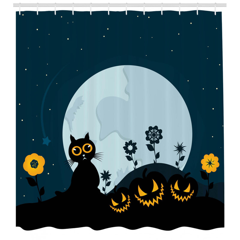 Cat Kitty Under Moon Halloween Shower Curtain + Hooks, 75" H x 69" W