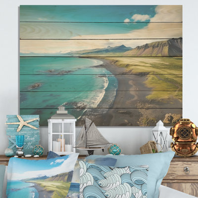 Plage vue aérienne en Islande II - plage et océan sur bois