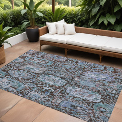 Tapis lavable intérieur / extérieur 10 pi x 14 pi chocolat et turquoise damassé