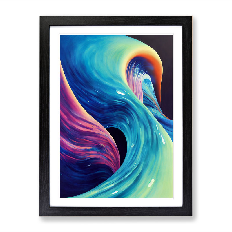 Neon Ocean Wave Abstract - Single Picture Frame Painting, Black Framed, 64cm H x 46cm W x 2cm D