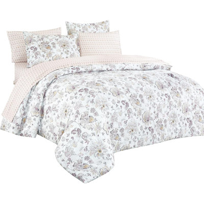 5-Piece Floral Comforter Set, Soft Elegant Bed in a Bag with Comforter, Pink Purple White Flower Print, Lightweight All-Season Bedding Twin Size