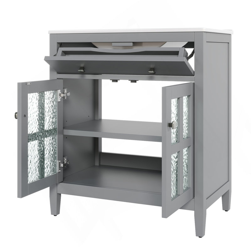 Meuble-lavabo de 30 po avec lavabo en céramique, tablette réglable et plateau basculant, meuble-lavabo avec pieds en bois, poignées en métal argenté et charnières à fermeture en douceur, gris