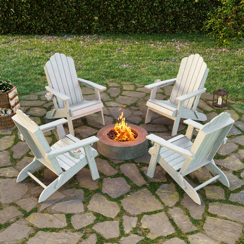 Weather Resistant HDPE Folding Adirondack Chair with Cup Holder, Easy Assemble Outdoor Adirondack Chair for Patio, Yard and Pool