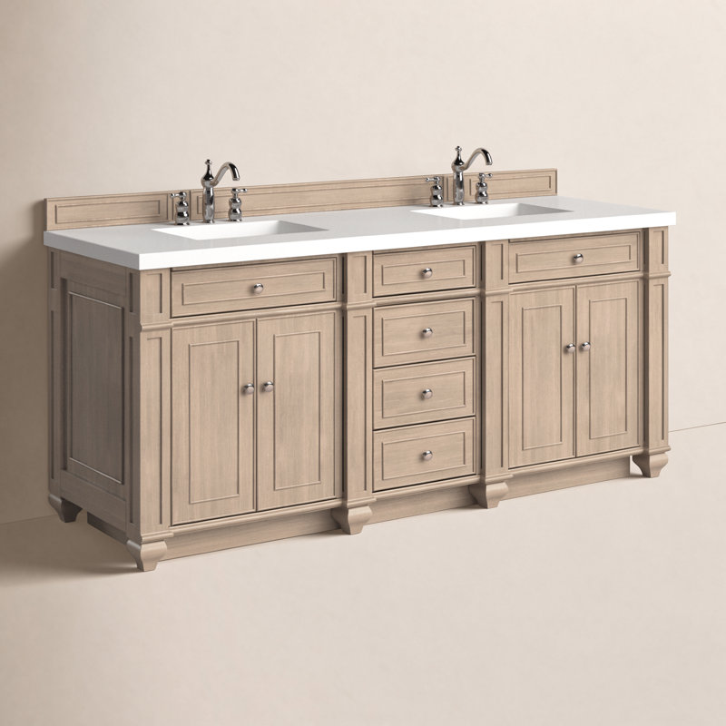 Bristol 72'' W Double Vanity, Whitewashed Walnut, Carrara White, 8" Widespread