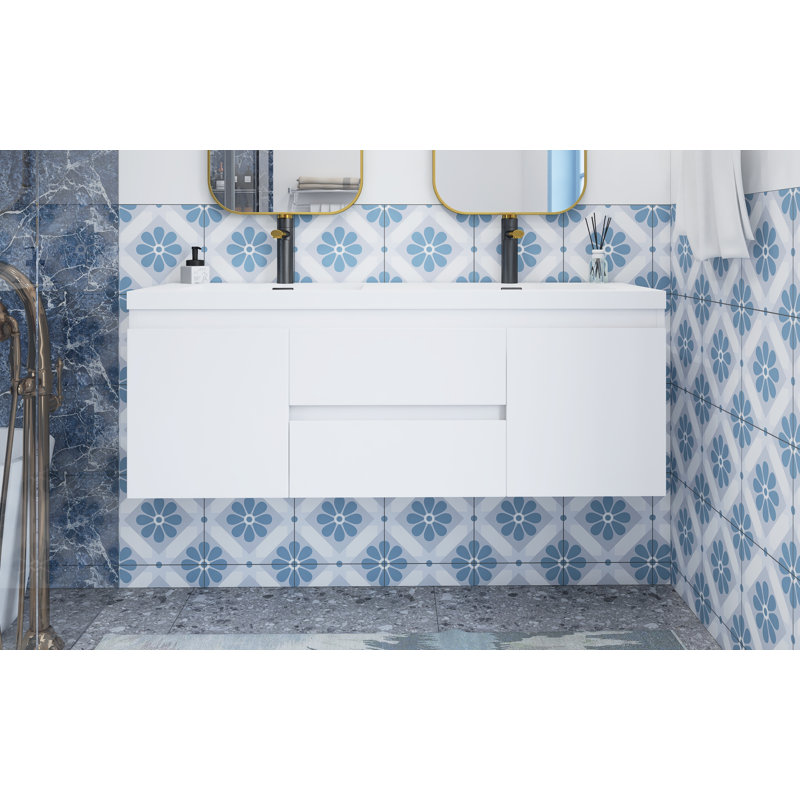 Meuble-lavabo mural double 60 po avec plateau en marbre Darisley