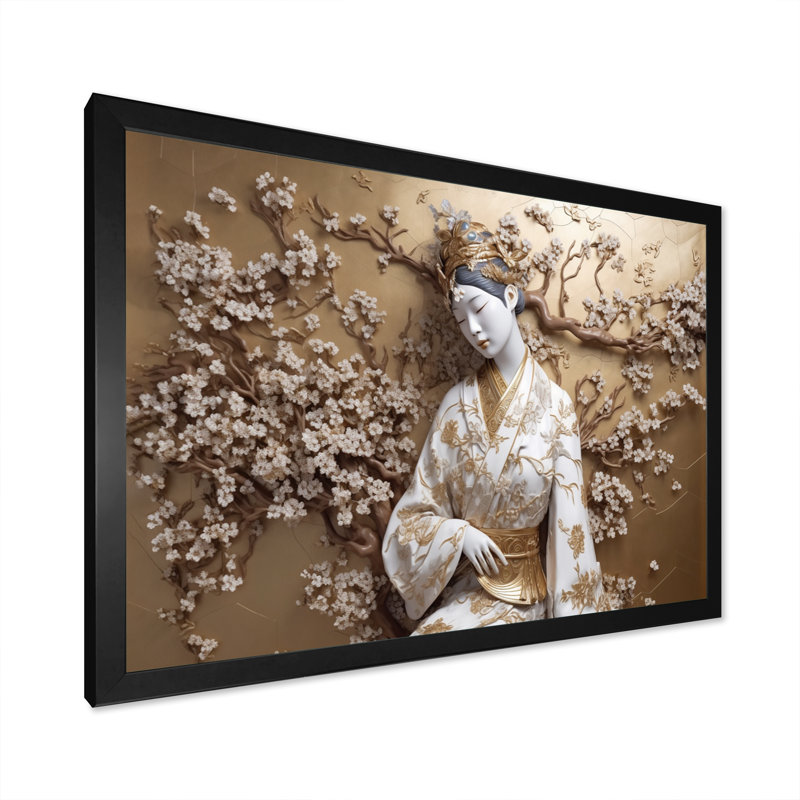 Statue de femme japonaise sur toile, impression, Cadre simple noir, H 34 po x l 44 po x P 1,5 po