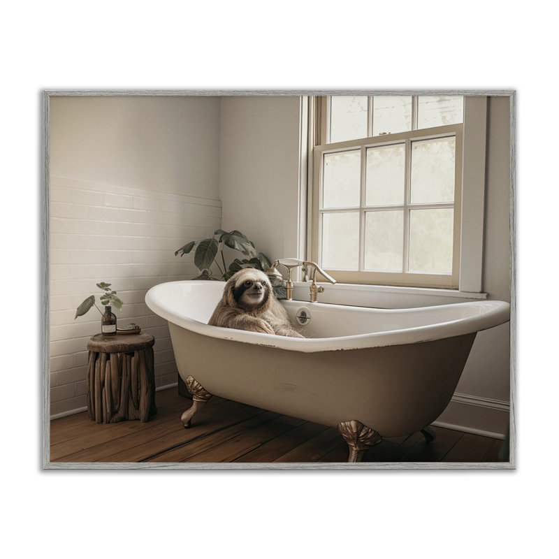 Soft Sloth Bath Time Framed Giclee, design by Sasha, Farmhouse Gray Framed Giclee, 11'' H x 14'' W