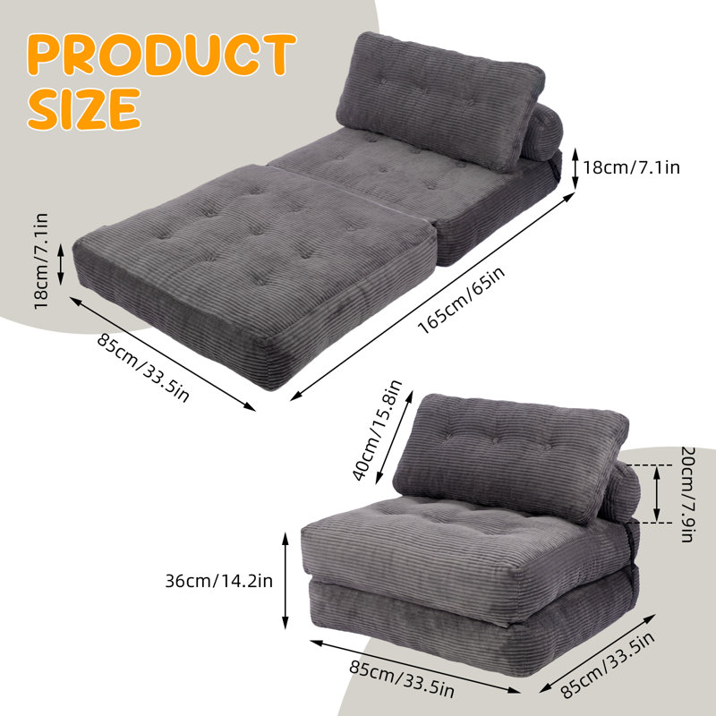 Folding Sofa Bed, Convertible Sleeper Chair With Pillow Foldable Mattress With Back Support, Portable Fold Out Chair Bed Comfy Floor Sofa Lounge For Living Room Bedroom, Dark Grey