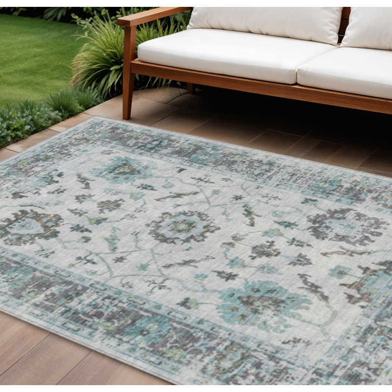 Tapis bleu sarcelle à motif floral bleu et gris 8 'X 10'