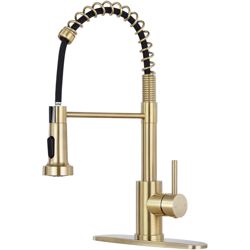 Robinet de cuisine à poignée simple avec deux modes de sortie d'eau rétractable, Or brossé
