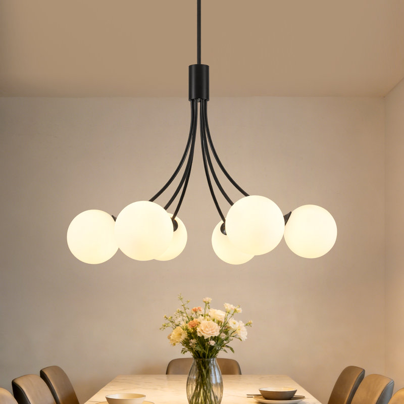Lustre 6 lumières à intensité variable moderne avec abat-jour en verre opale, Noir mat