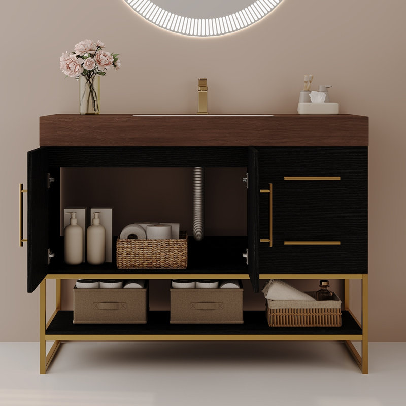Meuble-lavabo autoportant moderne 36 po avec lavabo en céramique sans couture et plateau en pierre frittée, Black