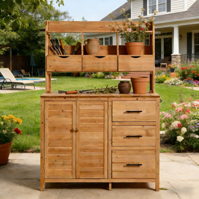 65" Solid Wood Potting Bench With 6 Drawers And Hutch, Outdoor Kitchen Island & Garden Prep Station