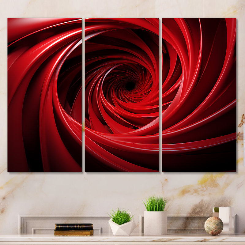 «Red and Black Abstract Spiral Dreamscape» - Art mural spirales abstraites, Toile tendue, H 32 po x l 48 po x P 1 po